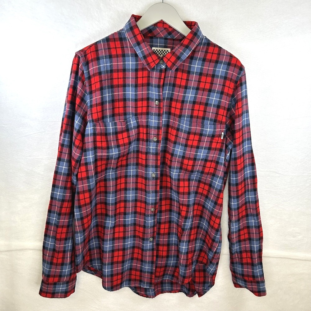 VANS Womens Sz XL Flannel Shirt Red Blue Plaid skater grunge 90s granola gorp